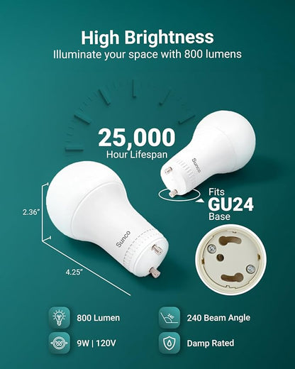 Sunco 24 Pack GU24 LED Bulb A19, 2 Prong Light Bulbs, 800 LM, 9W (60W Equivalent), 3000K Warm White, Dimmable, Twist & Lock GU24 Pin Base, CRI91, Instant On UL.