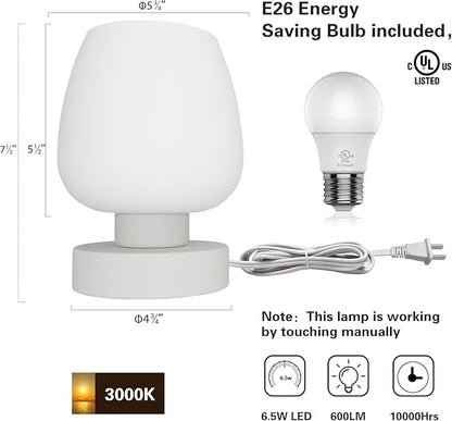 Touch Bedside Table Lamp - Modern Small Lamp for Bedroom Living Room Nightstand, Desk lamp with White Opal Glass Lamp Shade, Warm LED Bulb, 3 Way Dimmable, Simple Design