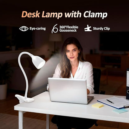 Desk Lamp for Home Office - Clip on Reading Light and Bed Headboard Clamp Lamp, Bedside Gooseneck Table Lamp, Clip on Desk Lamps, Eye-Caring Desk Lamp for College Dorm Room Study Lamp, White