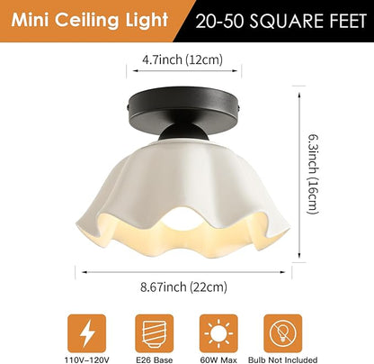 2 Pack Semi Flush Mount Ceiling Light - Flower Glaze Ceramic, Black Vintage Hallway Light Fixtures, White Globe Ceiling Lights, Mid Century Small Light Fixture for Cottage Entryway Laundry Room Foyer