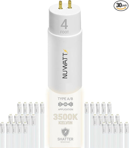 NuWatt 30 Pack 4 FT LED T8 Tube Light, T10 T12 Hybrid Type A+B, 3500K Neutral White, 18W High Brightness 2200 Lumens, Plug & Play OR Ballast Bypass Fluorescent Tube Replacement, Single or Double Ended