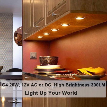 G4 Bulb, 20 Pack Halogen G4 12V 20W with G4 Bi-pin Base, High Output G4 Light Bulb 12V 300LM 3000Hrs Long Lifetime, G4 Dimmable, CRI100 & 2800K Warm White, G4 Halogen Bulb 20W for Cabinet Light Bulbs