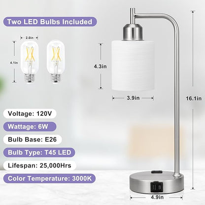 Innqoo Industrial Nickel Table Lamps for Bedrooms Set of 2-3-Way Dimmable Desk Lamp with USB C+A Ports and Outlet, Sliver Lamps with Striped White Glass Shade for Living Room