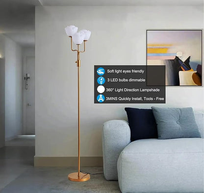 Fiqevs Dimmable Flower Floor Lamp for Living Room, Vintage Floor Lamp with 3 LED Bulbs, Mid Century Gold Standing Lamp with Acrylic Shade, Floral Tall Lamp for Bedroom Office - Antique Brass