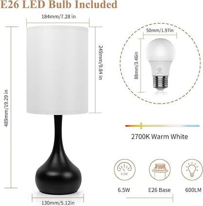 ONEWISH Touch Bedside Lamp for Bedroom, 3-Way Dimmable Table Lamps for Nightstand, White Fabric Shade Desk Lamp for Kids Reading, Living Room, Home Office