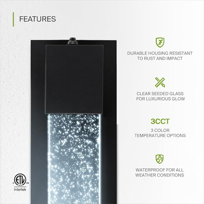ASD LED 18" Bubble Glass Wall Light Fixture, Outdoor Dusk to Dawn Sconce | 3CCT, Waterproof, Photocell, ETL Listed | 12W 500LM 3000-5000K 120V | Exterior Lantern, Porch Lighting | Black