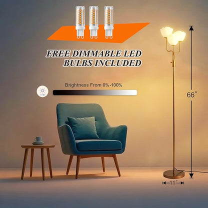 Fiqevs Dimmable Flower Floor Lamp for Living Room, Vintage Floor Lamp with 3 LED Bulbs, Mid Century Gold Standing Lamp with Acrylic Shade, Floral Tall Lamp for Bedroom Office - Antique Brass