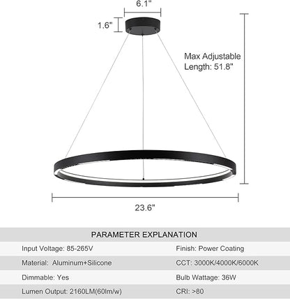 Led Ring Chandelier,Ring Light Chandelier Modern Pendant Light,1 Circular Chandelier Dimmable Hanging Led Pendant Lighting for Living,Dining Room Kitchen Island 23.6" 3000-6000K Black