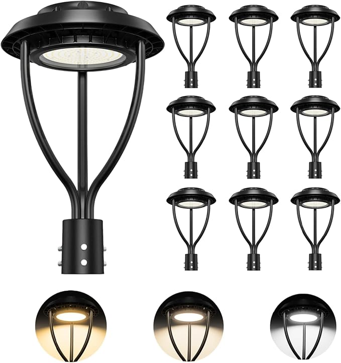 10Pack LED Post Top Light with Photocell, 60W 48W 36W Adjustable, 9000LM Adjustable CCT 3000/4000/5000K Outdoor Pole Lights, IP65 Waterproof Commercial LED Post Light Fixture ETL DLC Listed