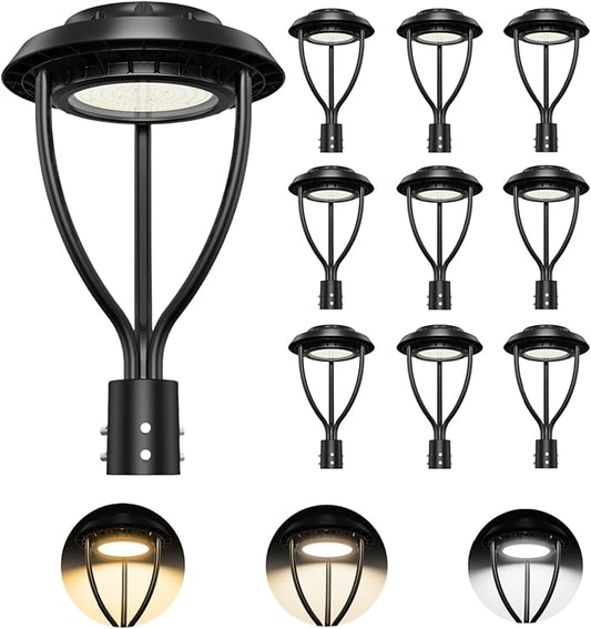 10Pack LED Post Top Light with Photocell, 60W 48W 36W Adjustable, 9000LM Adjustable CCT 3000/4000/5000K Outdoor Pole Lights, IP65 Waterproof Commercial LED Post Light Fixture ETL DLC Listed