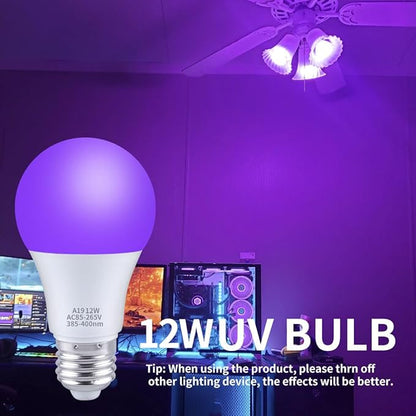 Ontesik A19 LED Black Light Bulbs,E26/E27 Base Dimmable Black Lights,12W UVA Level 395NM, Halloween Light Bulbs，Glow in The Dark，Fluorescent Poster, Body Paint,Neon Glow Party