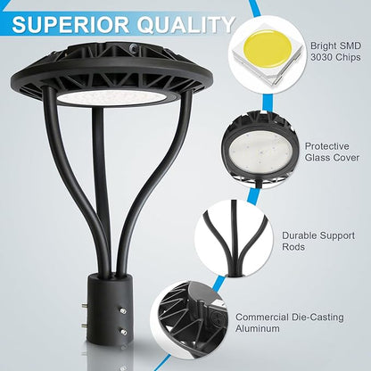 LED Post Top Light with Dusk to Dawn Photocell, 20W-30W-40W-60W Power Tunable, 3000K/4000K/5000K CCT Tunable, Outdoor Post Pole Lights for Garden Pathway Street Lighting, IP65 DLC ETL Listed