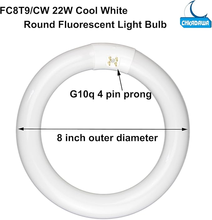 FC8T9/CW 22W and FC12T9/CW 32W Cool White Round Fluorescent Light Bulb Set, 8 inch T9 22 Watts & 12 inch 32 Watts Circular Bulbs Pack, Circline Kitchen and Bath Light Bulbs, CRI 80, 4100K, G10q Prong