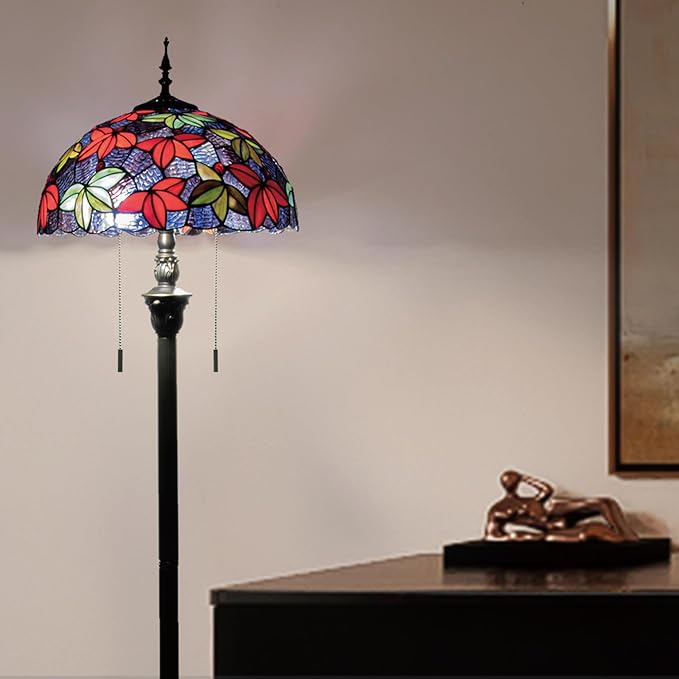 Tiffany Floor Lamp, 16" Stained Glass Maple Leaf Shade with Antique Bronze Base, 2-Light E26 Pull Chain Standing Reading Light for Living Room Bedroom16x16x64 Inches (Purple Blue Maple Leaf)