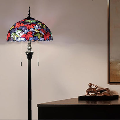 Tiffany Floor Lamp, 16" Stained Glass Maple Leaf Shade with Antique Bronze Base, 2-Light E26 Pull Chain Standing Reading Light for Living Room Bedroom16x16x64 Inches (Purple Blue Maple Leaf)
