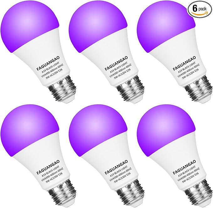 FAGUANGAO LED Black Light Bulb,9W(75Watt Equivalent) A19 UV Blacklight Bulb,120V,UVA Level 390-400nm,E26 Medium Base,Glow in The Dark for Blacklight Party,Fluorescent Poster,Body Paint(6 Pack)