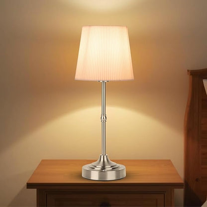 Rechargeable Table Lamp, Cordless Touch Lamps, Portable Desk Light with Stepless Dimmable Brightness & Fabric Shade for Nightstand Bedside Living Room (Silver, Twill)