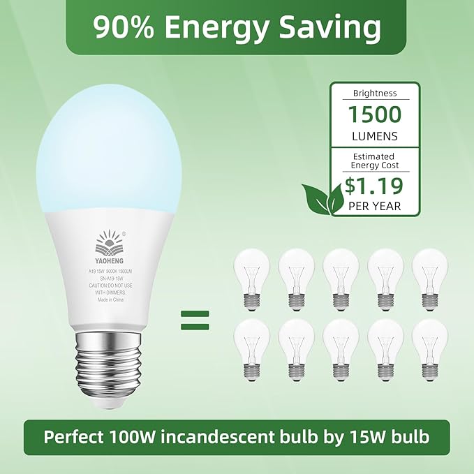 A19 LED Light Bulb, 100 Watt Equivalent LED Bulbs, 5000K Daylight White, 1500 Lumens, Standard E26 Base, Non-Dimmable 15W Super Bright Light Bulbs for Home, Office Lamp, ETL Listed(20-Pack)