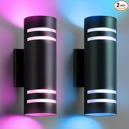 SHIMR Modern RGBCW Outdoor Wall Lights 2 Pack, Color Changing Outdoor Sconce Lights with APP Control, Black Cylinder Exterior Lighting Fixtures Aluminum Up Down Outside Lights for House [ETL Listed]