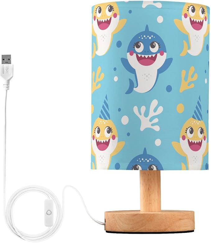 Bedside Lamp Cute Baby Shark Table Lamp for Bedroom LED Nightstand Lamp Shade USB Ports Wood Base for Living Room Dorm Office