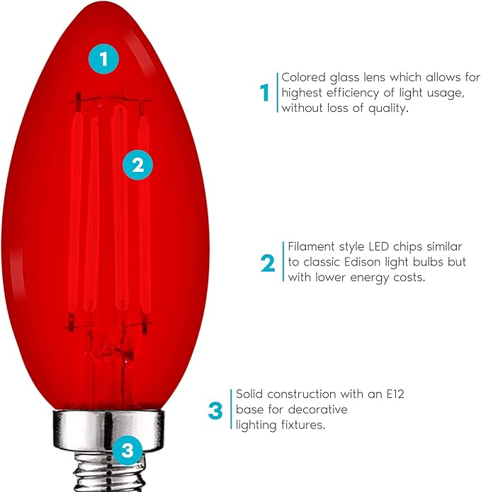 LUXRITE E12 LED Filament Red Light Bulbs, 4.5W (40W Equivalent), Colored Glass Candelabra Bulb, UL Listed, E12 Base, Indoor Outdoor, Porch, Decoration, Party, Holiday, Event, Home Lighting (4 Pack)