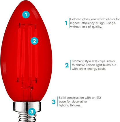 LUXRITE E12 LED Filament Red Light Bulbs, 4.5W (40W Equivalent), Colored Glass Candelabra Bulb, UL Listed, E12 Base, Indoor Outdoor, Porch, Decoration, Party, Holiday, Event, Home Lighting (4 Pack)