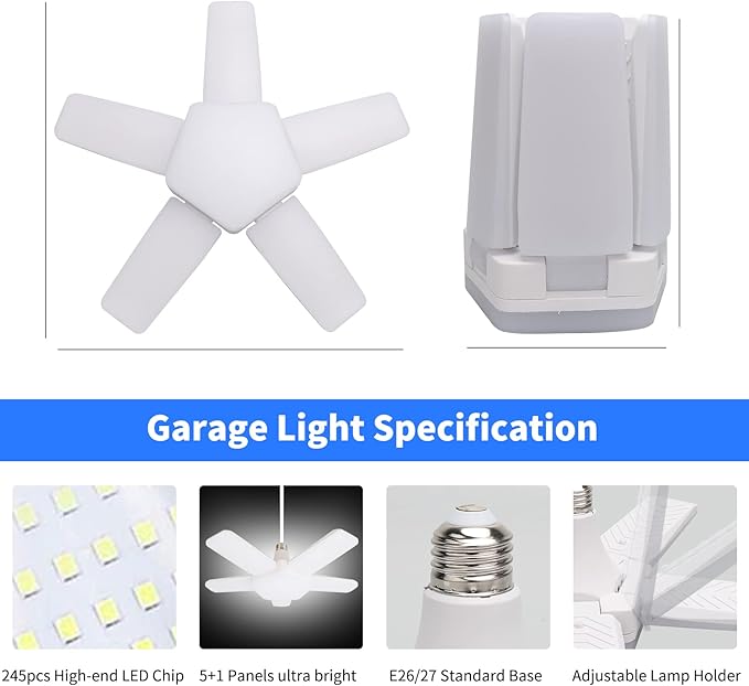 Deformable LED Garage Lights 4 Pack with 5 Adjustable Panels, 10000LM 6500K High Bay Light for Basement Warehouse Workshop