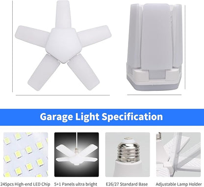 Deformable LED Garage Lights 4 Pack with 5 Adjustable Panels, 10000LM 6500K High Bay Light for Basement Warehouse Workshop