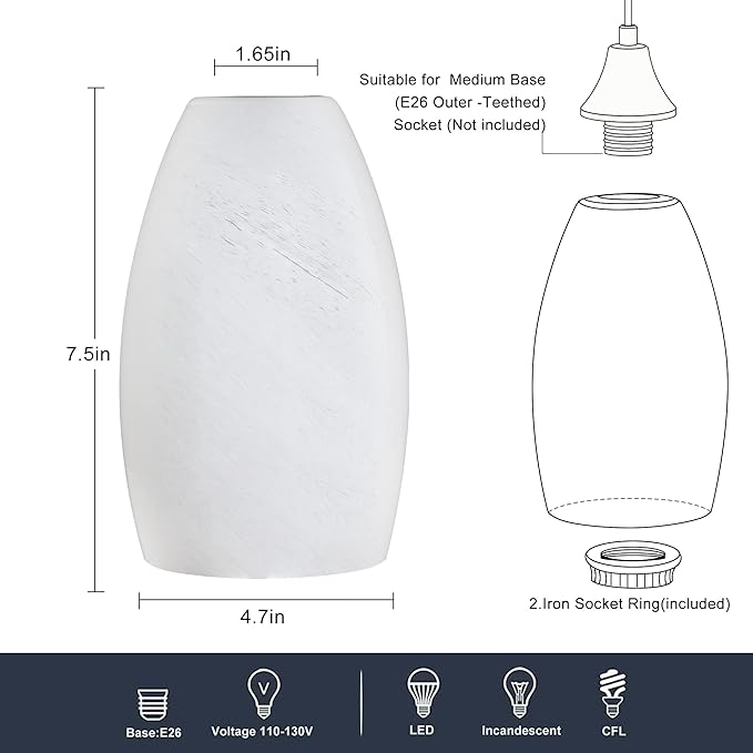 White Swirl Art Glass Pendant Lamp Shade Glass chandeliers Cover Mini Oval Light Shade Replacement Shade Only Light Fixtures for Kitchen Island pendant light 1-Pack 4.72"