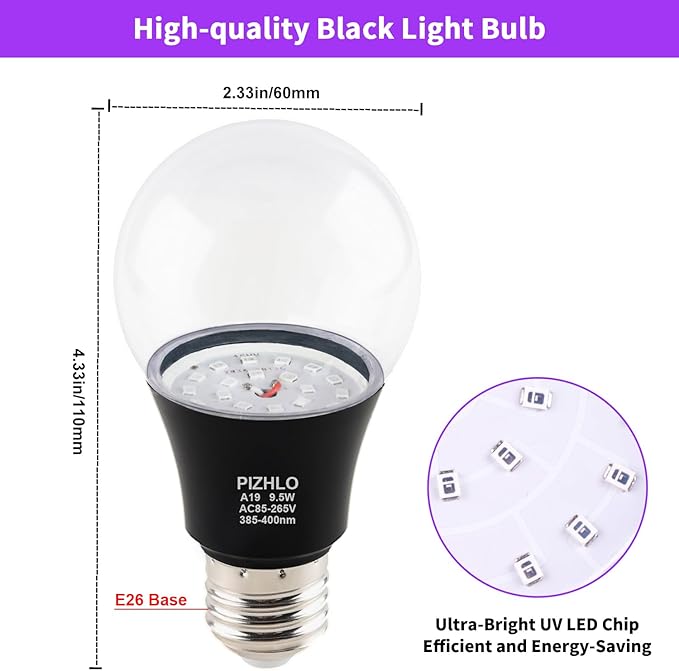 4 Pack 9.5W LED Black Light Bulb, A19 E26 Black Shell Blacklight LED Bulb, 385-400nm, Glow in The Dark for Blacklight Party, Body Paint, Fluorescent Poster, Halloween, Valentine's Day
