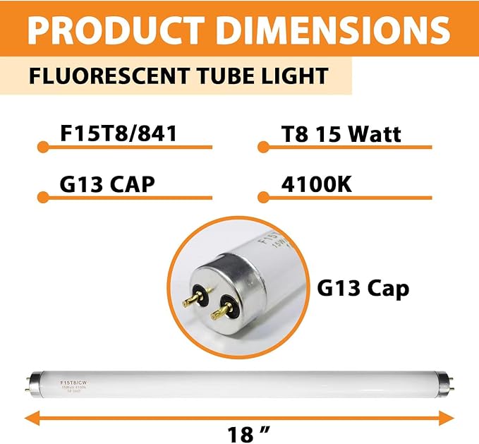18 Inch F15T8/CW T8 15W Fluorescent Light Bulb Cool White Compatible for Philips GE F15T8/SP41 Replacement Bulb G13 Base 6 Count