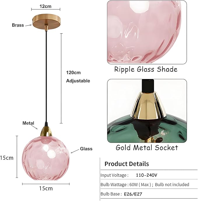 15cm/5.9’’ Industrial Vintage Spherical Glass Pendant Light, E26 Ceiling Hanging Lamp, Gold Finish & Ripple Glass Globe Shade, Dining Room Bedroom Chandelier (Pink)