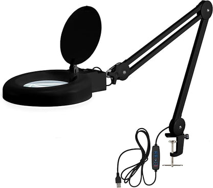 Neatfi (New Model) LED Magnifying Lamp with Clamp, 12W, 60 SMD LEDs, Adjustable Step Dimming Brightness, Desk Lamp Magnifier Light for Crafts, Painting, and Hobbies (Black, 5-Diopter)