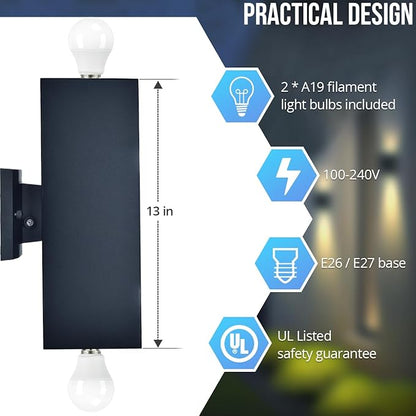 wowlite Outdoor Wall Light with Dusk to Dawn Sensor, 6000K Cool Light LED Up Down Sconce, Waterproof 13" Modern Square Matte Black Exterior Light Fixture Wall Mount for Porch Patio Garage, ETL Listed