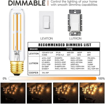 Vintage LED Edison Bulbs 6W, Equivalent 60W, Warm White 2700K, 600lm, E26 Base, Dimmable, Tubular T10 Led Antique Filament Bulb with Decorative, 6Pack