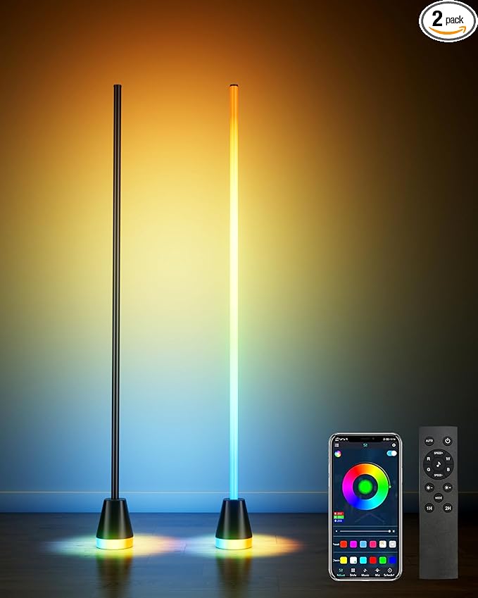2 Pack Corner Floor Lamp, Smart RGB LED Corner Lamp with App and Remote Control, 172 LED Lighting and 16 Million Colors Changing Standing Lamps with Music Sync for Living Room, Bedroom, Gaming Room