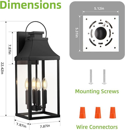 tewei 22'' Large Outdoor Wall Light, Porch Light Outdoor Wall Sconce Lantern, 4-Light Modern Black Exterior Lighting Fixture Wall Mount, Outside Light for House Garage, 1-Pack