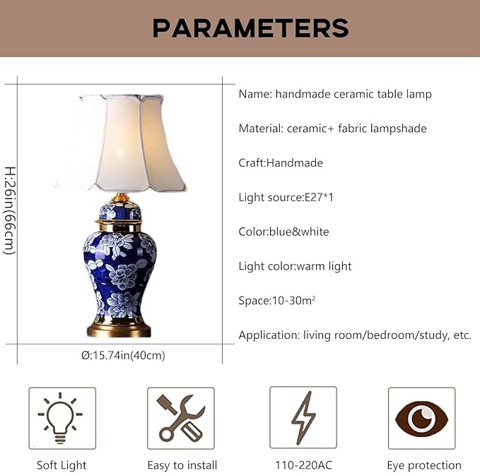 Vintage Blue Ceramic Table Lamp Blue and White Porcelain Table lamp with Metal Base 27.55" High Table Lamp with Fabric Shade for Bedroom Study Living Room Office