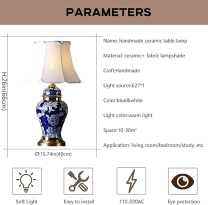 Vintage Blue Ceramic Table Lamp Blue and White Porcelain Table lamp with Metal Base 27.55" High Table Lamp with Fabric Shade for Bedroom Study Living Room Office