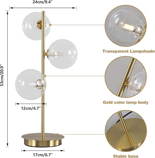 Mid Century Globe Table Lamp, Modern 3 Lights Gold Desk Lamp, Contemporary White Glass Globe Reading Lamp for Bedroom Living Room Study Room
