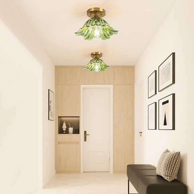 Semi Flush Mount Ceiling Light,Ceiling Light Fixtures 3000K Bulb, Vintage Light Fixtures Green for Closet Hallway Kitchen Dining Room 11"