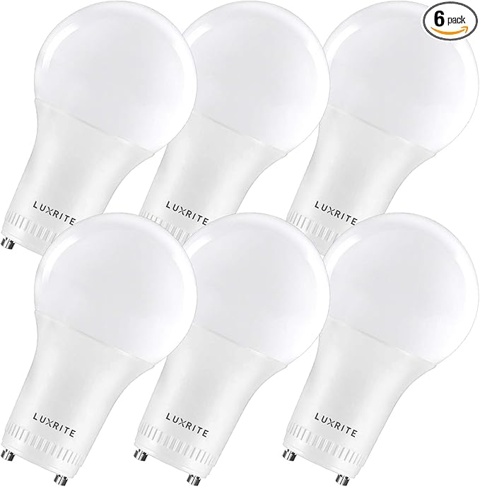 LUXRITE A19 LED GU24 Light Bulb, 60W Equivalent, 2700K Warm White, Enclosed Fixture Rated, 800 Lumens, Dimmable Twist Lock Light Bulbs, Damp Rated, UL Listed, GU24 Base (6 Pack)