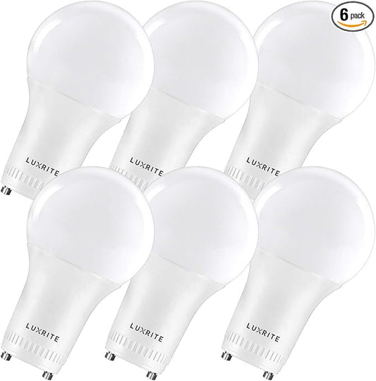 LUXRITE A19 LED GU24 Light Bulb, 60W Equivalent, 2700K Warm White, Enclosed Fixture Rated, 800 Lumens, Dimmable Twist Lock Light Bulbs, Damp Rated, UL Listed, GU24 Base (6 Pack)