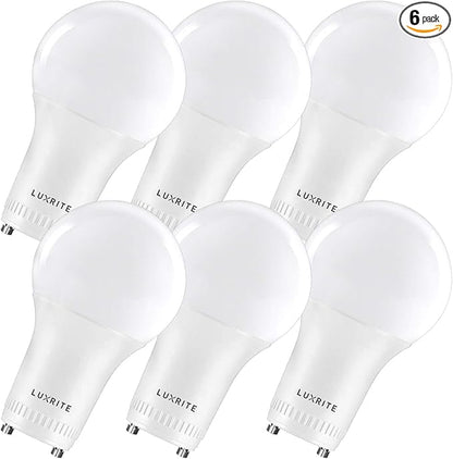 LUXRITE A19 LED GU24 Light Bulb, 60W Equivalent, 3000K Soft White, Enclosed Fixture Rated, 800 Lumens, Dimmable Twist Lock Light Bulbs, Damp Rated, UL Listed, GU24 Base (6 Pack)