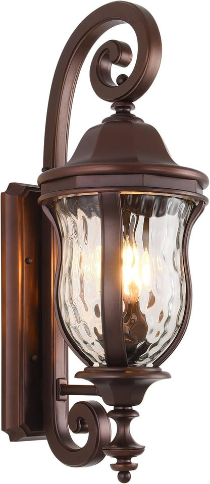 Coffee Exterior Wall Sconces, 28" H Large Outdoor Wall Light Fixtures with Water Glass, Waterproof Outdoor Lights Wall Mount with Decorative Patterns for Porch, Front Door