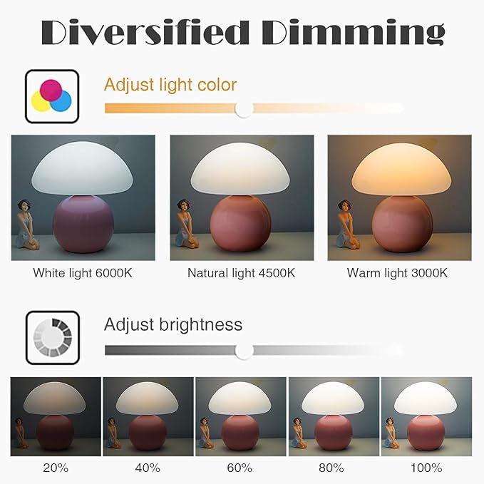 Cute Small Mushroom Lamp, PE Lampshade, Ceramic Spherical Base, Adjustable Light Color and Brightness, Safe USB Powered, Energy-Saving LED Mushroom Light for Bedroom Living Room (Pink)