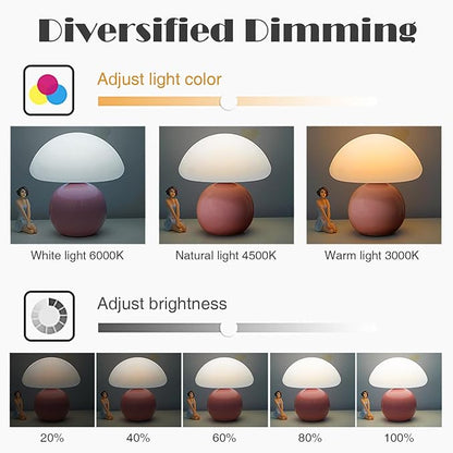 Cute Small Mushroom Lamp, PE Lampshade, Ceramic Spherical Base, Adjustable Light Color and Brightness, Safe USB Powered, Energy-Saving LED Mushroom Light for Bedroom Living Room (Pink)
