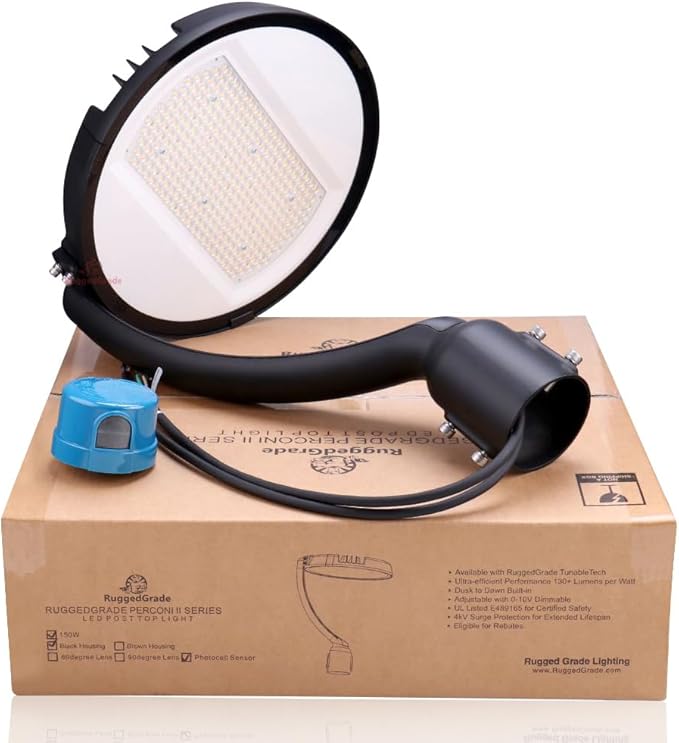 RuggedGrade 150W LED Post Top Light - Perconi Series - 21,000 Lumens - Color Selectable 4000K/5000K - Slip Fit Mount - Photocell - Black Housing - DLC 5.1 Premium