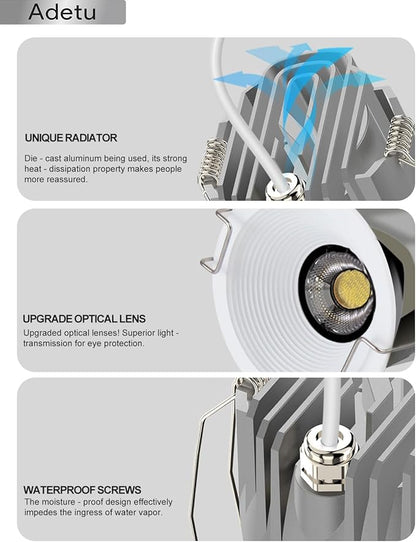 Adetu 2 Inch 5CCT White LED Recessed Ceiling Light with Junction Box, 2700K/3000K/4000K/5000K Selectable, CRI90, 8W COB, 780LM, Dimmable Canless IP65 Waferproof Downlight-ETL&FCC (White, 12 Pack)