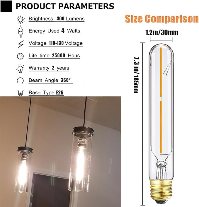 Tubular E26 LED Bulb 4W Equal 40 Watt Warm White 2700K E26 Edison AC120V 400lm Tube T9 T10 LED Light Bulb for Rustic Pendant,Chandeliers,Wall sconces 4Pack